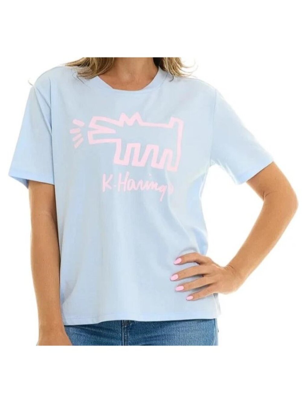 KEITH HARING Women's Barking Dog Short Sleeve T-Shirt Size M in Light Blue